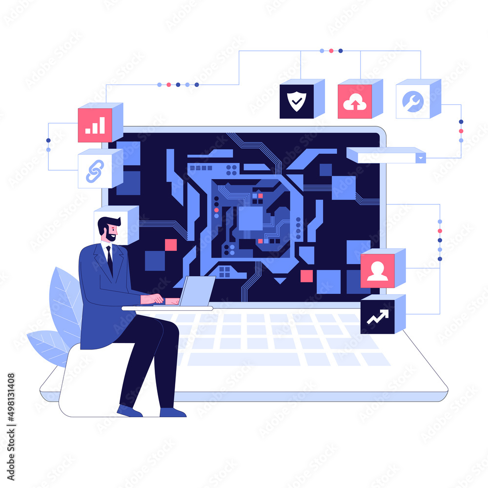 Poster vector illustration of professional engineer use laptop screen shows cpu abstract digital chip compu