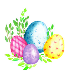 Watercolor easter eggs and spring flowers illustration. Cartoon colorful elements isolated on white. Easter decoration, greeting, card, invitation
