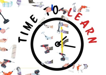 Clock icon with time to learn text against multiple hand holding tools against white background