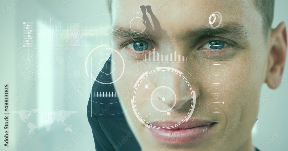Poster digital interface with data processing over portrait of caucasian man against office