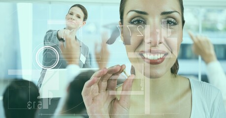 Digital interface with data processing against caucasian woman touching invisible screen