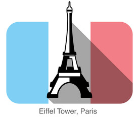 Eiffel Tower, Paris, landmark flat icon design, background is French national flag, Famous scenic spots
