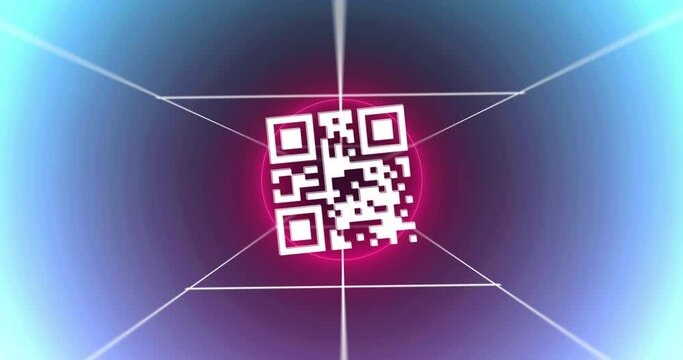 Animation of neon circles over qr code rotating on violet background