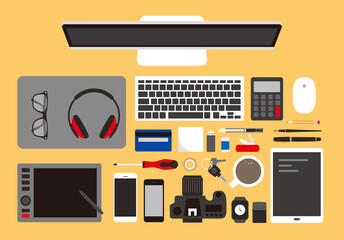 Working place, computer and other things on the desk, vector illustration