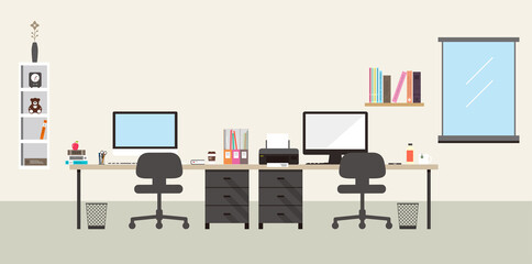 Working place, computer and other things on the desk, vector illustration