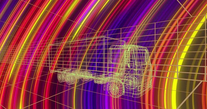 Animation of truck project over background with colorful moving lines