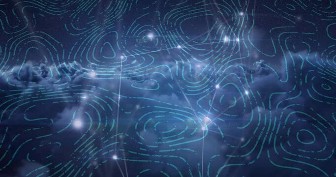 Animation of connections and lights over cloudy sky with isohypses