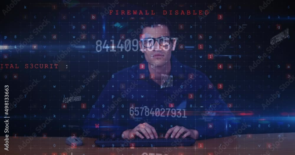 Poster animation of computer writings, numbers and caucasian male programmer on black background