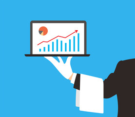 Man holding the plate, computer on the plate, vector illustration