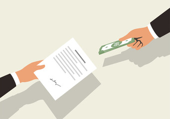 One hand holding money, one hand holding contract paper, flat design, vector illustration