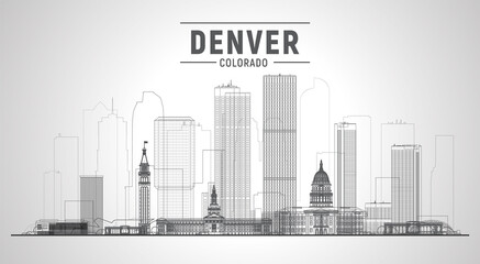 Denver ( Colorado ) line skyline with panorama in white background. Vector Illustration. Business travel and tourism concept with modern buildings.
