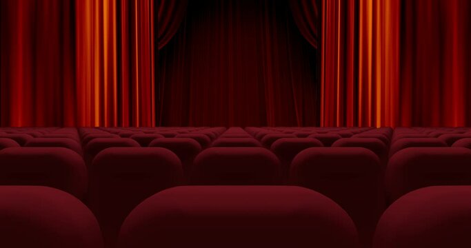 Animation of red curtain opening in theater