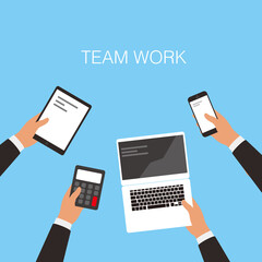 Business teamwork concept, hands holding computer, calculator, smartphone, pad