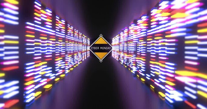 Animation of cuber monday in violet tunnel with neon lights