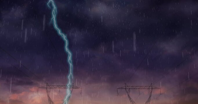 Animation of rain and storm over electricity poles at sunset
