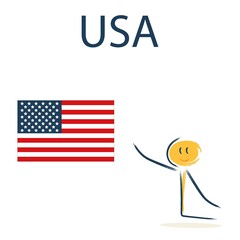 Character with the flag of USA. Teaching children geography and countries of the world