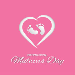 International midwives day greeting cards, pink and white with symbols of love and baby feet, for banners, posters and social media templates.vector illustration.