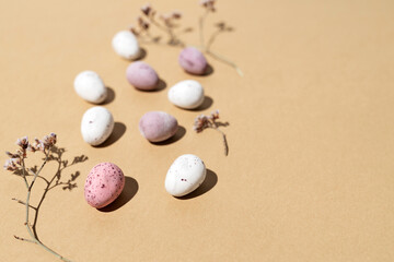 Easter eggs in the background view from above flat lay