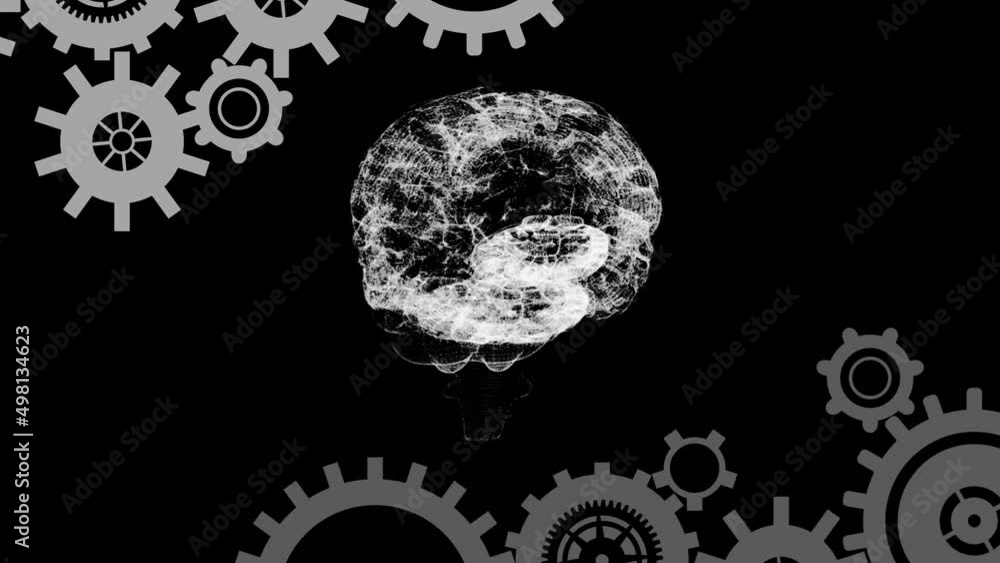 Poster animation of brain rotating over black background with cogs