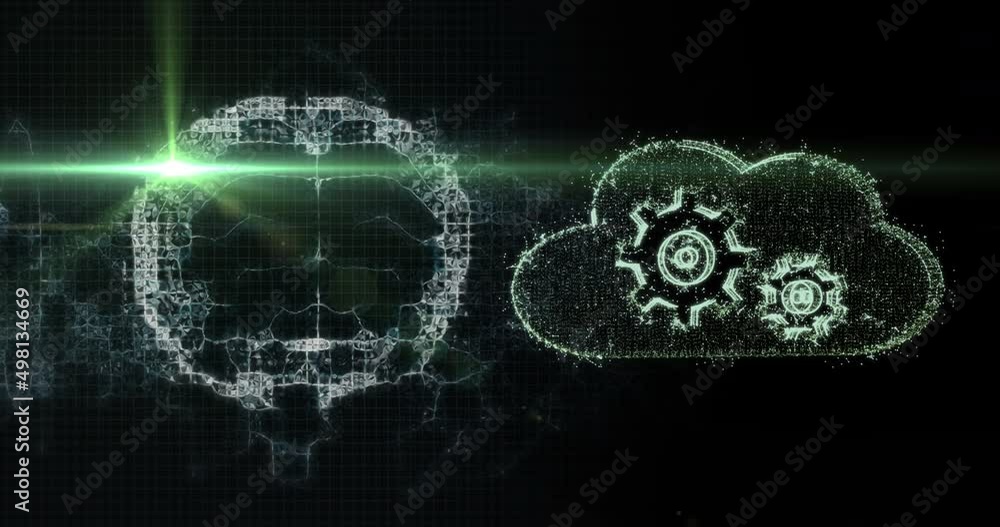 Poster animation of brain rotating over black background with lights and cloud with cogs