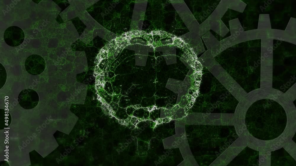 Poster animation of brain rotating over cogs on black background