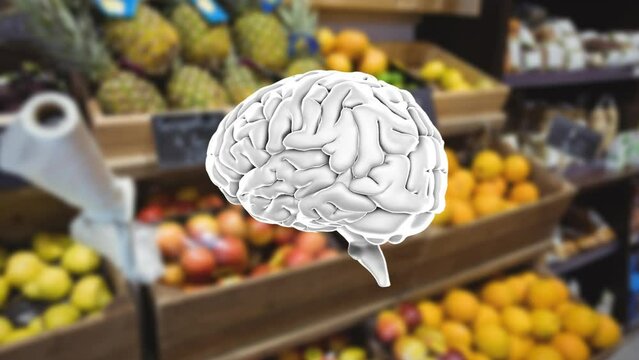 Animation of brain rotating over blurred grocery shelves