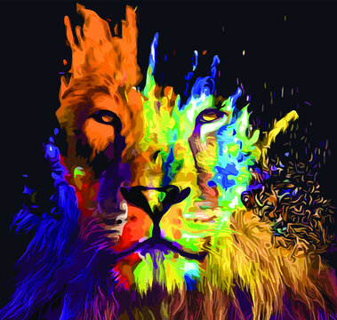 Creative Colorful Lion Vector Head On Pop Art Style With Black Background 