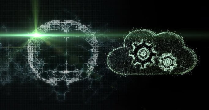 Animation of brain rotating over black background with lights and cloud with cogs