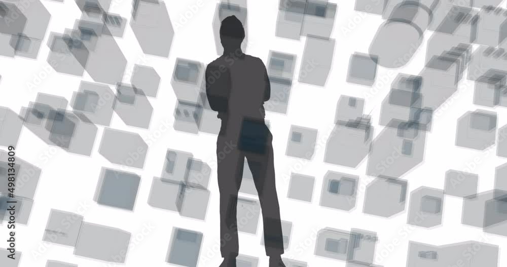 Poster animation of man shadow and blocks moving on white background