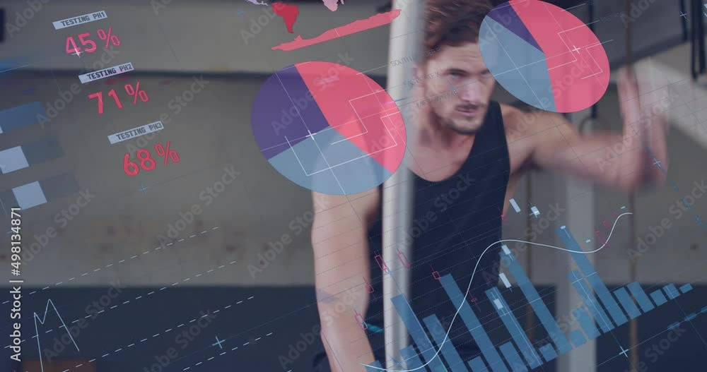 Poster animation of graphs and data over caucasian man exercising at gym