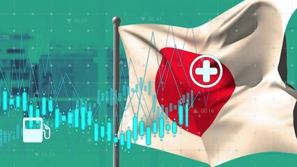 Animation of financial data processing over flag of japan on blue background - Powered by Adobe