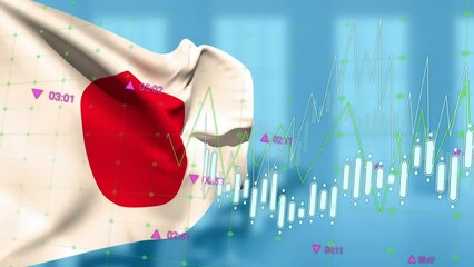 Animation of financial data processing over flag of japan on blue background - Powered by Adobe