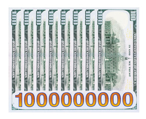 One billion dollars concept. One hundred dollar bills set isolated on white background