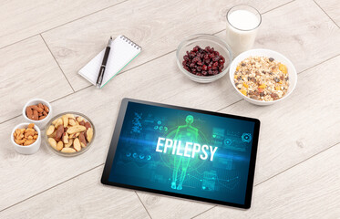 Tablet Pc with fruits, medical concept