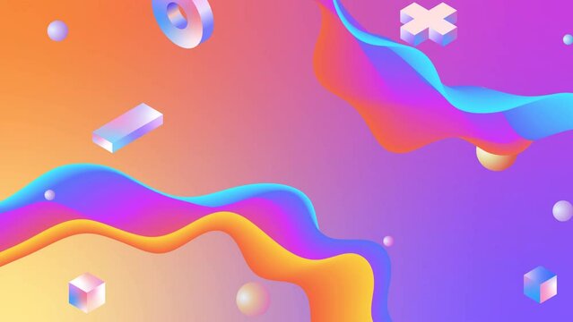 Abstract 3d geometric shapes loop animation. Modern background, seamless motion design, Memphis style. 4k poster banner. isometric shapes, objects. Purple, pink, holographic foil, Iridescent color