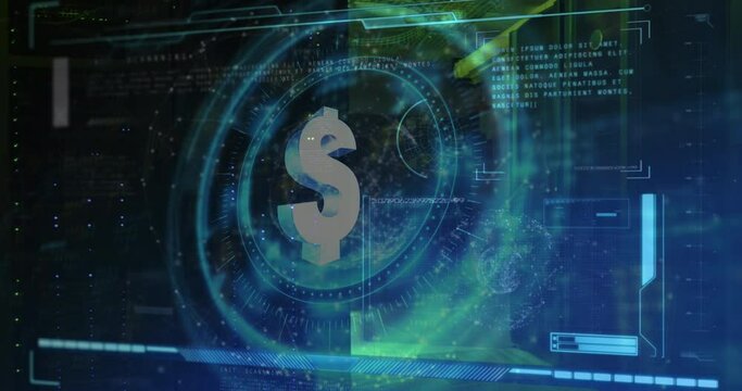 Animation of dollar sign on rotating safe lock over data processing and computer server