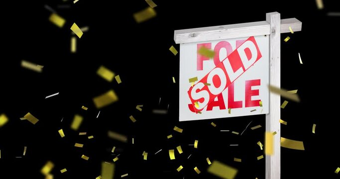 Animation of sold text on house for sale sign with gold confetti falling on black background