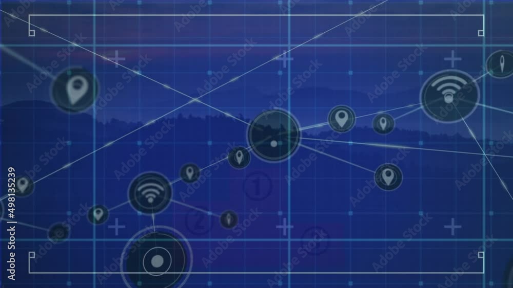 Poster animation of network of connections with icons over grid and landscape
