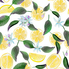 Lemon slices watercolor seamless pattern. Pieces of yellow citrus with leaves and flowers on an isolated white background. For textiles and wallpapers. Wrapping paper and fresh summer background.