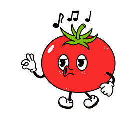 Cute funny tomato walking singing character. Vector hand drawn traditional cartoon vintage, retro, kawaii character illustration icon. Isolated on white background. Tomato walk and sing character