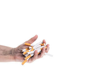 Open hand with ash and full of broken cigarettes with white background. World No Tobacco Day