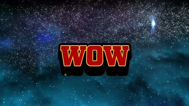 Animation of wow text in red letters over shooting star and glowing spots of light - Powered by Adobe