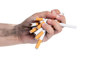 Closed hand with ash squeezing broken cigarettes with white background. World No Tobacco Day