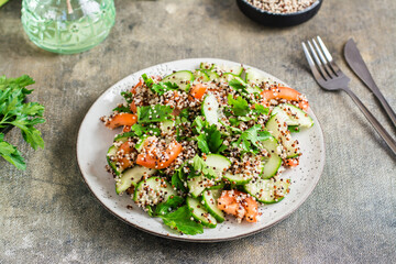 Appetizing salad of cucumbers, tomatoes, a mixture of quinoa and parsley on a plate on the table.
