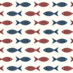 Seamless pattern of graphic fishes in geometric order on a milky background