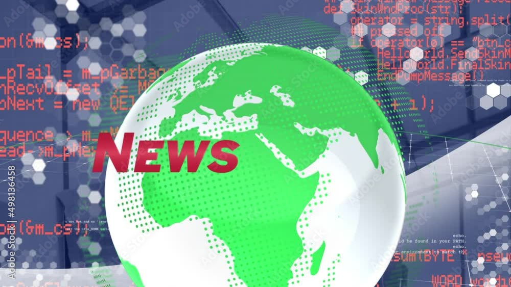 Poster animation of globe rotating, news and data processing over navy background