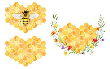 Honeycomb hearts with honey bee and wildflowers, Watercolor yellow honey hearts - obrazy, fototapety, plakaty