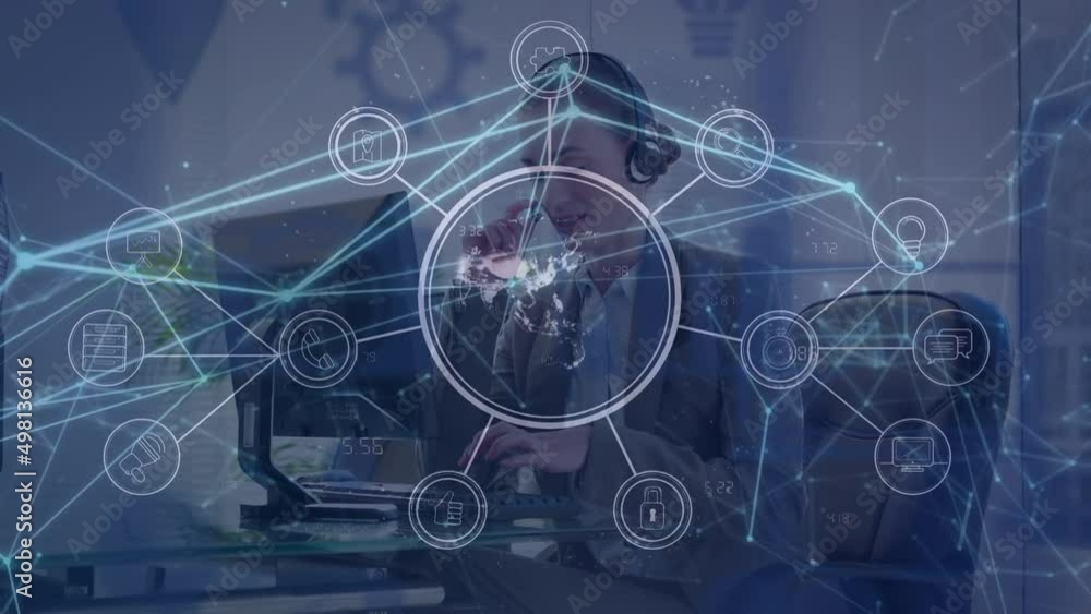 Poster animation of network of connections over caucasian female consultant using computer