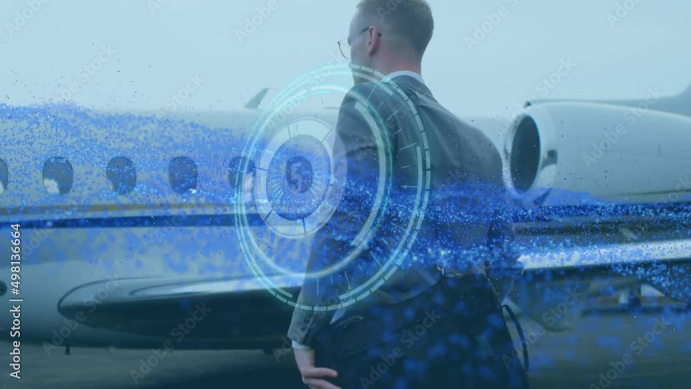 Aufkleber animation of scopes and data processing over caucasian businessman and airplane