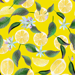 Lemon slices watercolor seamless pattern. Pieces of yellow citrus with leaves and flowers on an yellow background. For textiles and wallpapers. Wrapping paper and fresh summer background.	